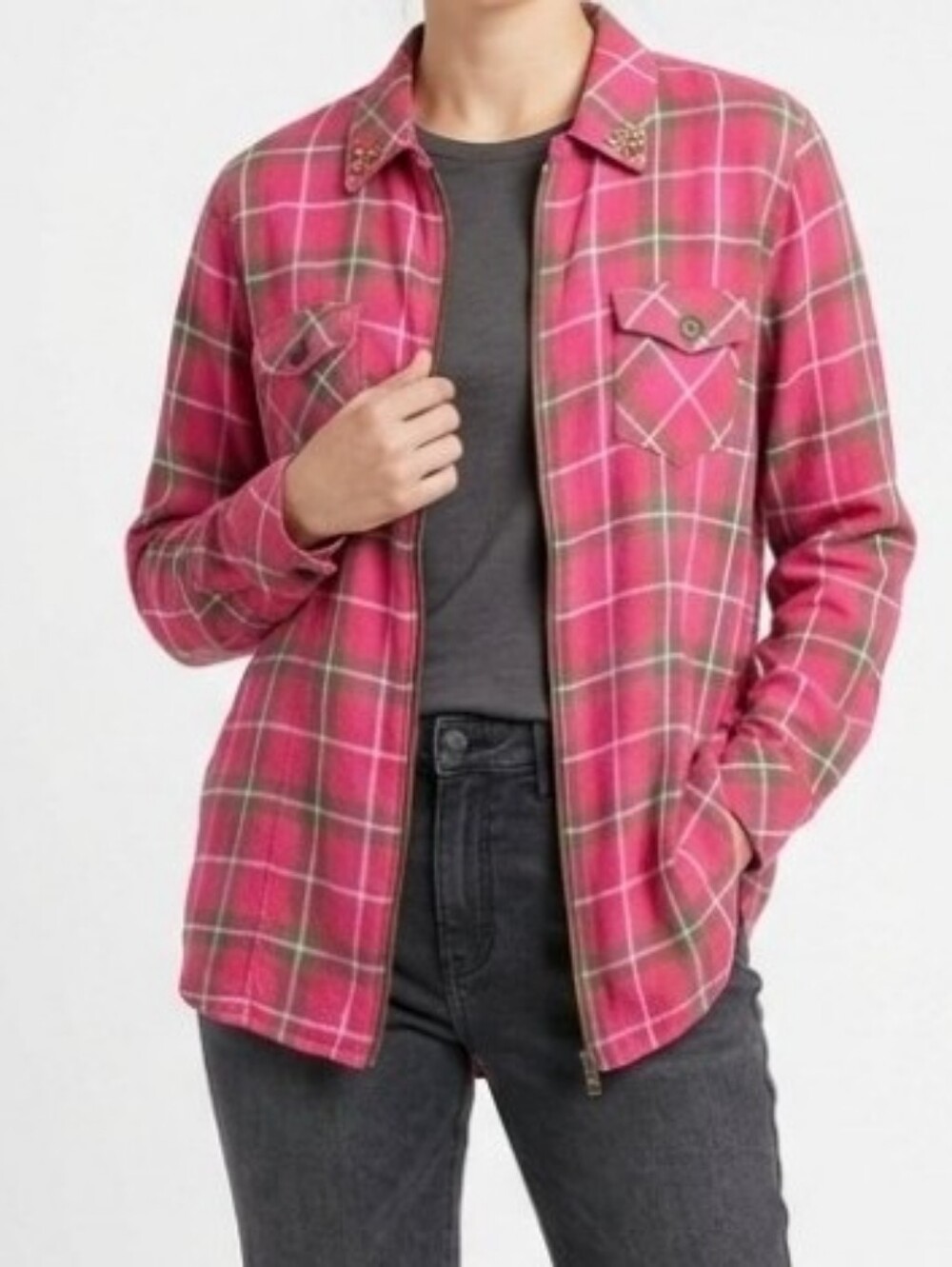 Cato Long Sleeve Zip Front Plaid Flannel Shirt Pink Brown Studded Collar 18 /20W